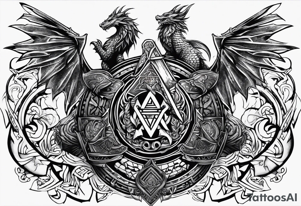 Valhalla sword shield dragon axe Valknut  tribal tattoo idea