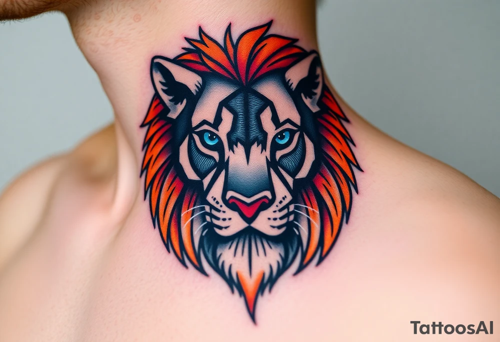 lion with blue eyes and orange hair into basketball tattoo idea