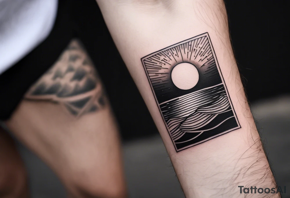 Minimalistic, small, black and white tattoo on male forearm. Tattoo style is line drawing. From the perspective of being on the ocean, the water is calm, with no waves in sight, the sun is setting behind the ocean, reflecting light onto the water. The tattoo in the shape of a rectangle, 4 inches wide by 2 inches tall. tattoo idea