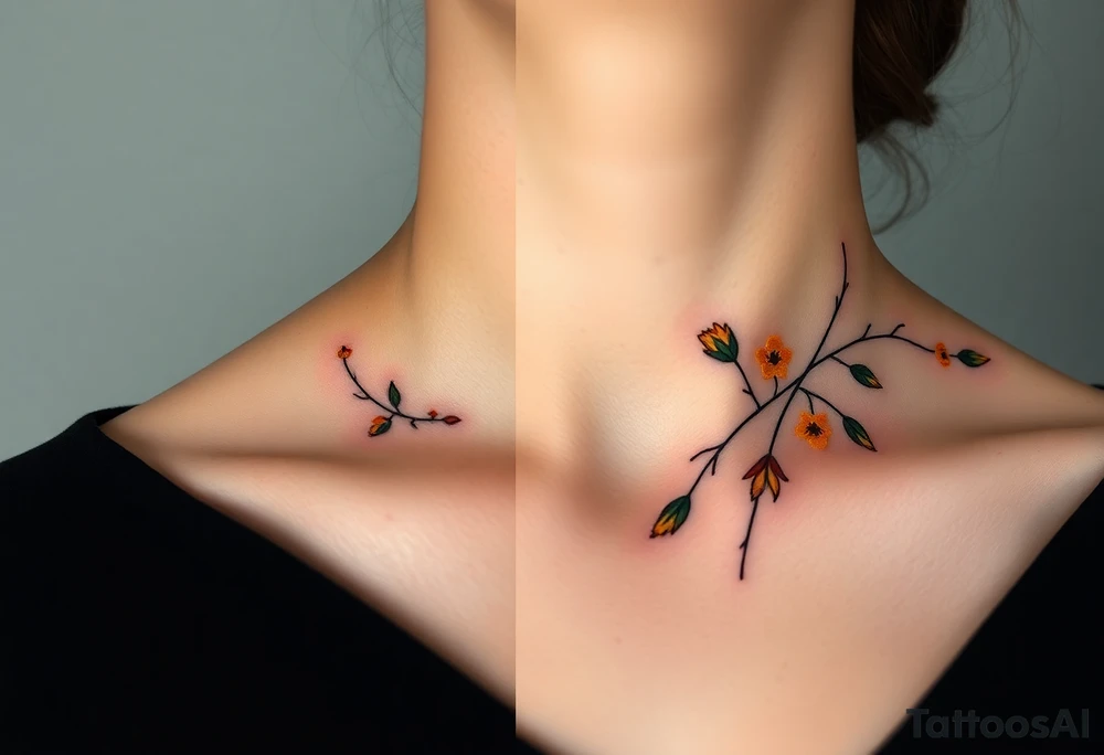 Two separate collarbone tattoos of long, stems and branches covered with red, orange, yellow and dark forest green leaves and flowers, fall themed, muted, delicate and gentle but moody, long and thin, following the collarbone. tattoo idea