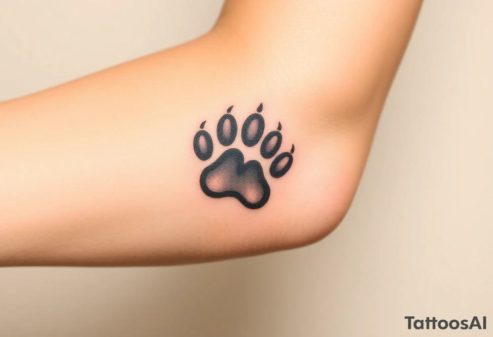 A black-and-gray shaded paw print, with heart and intense shading for a bold tattoo idea