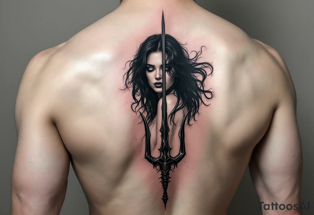 nude woman with black hair behind trident tattoo idea