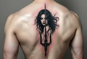 nude woman with black hair behind trident tattoo idea