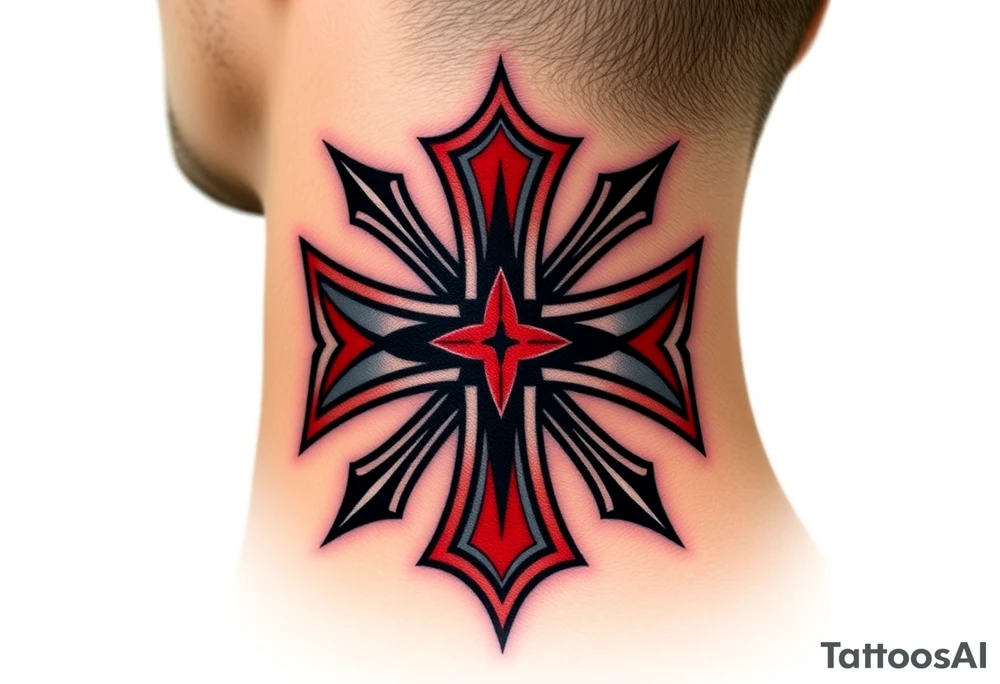 A bold black and red Maltese cross with silver outlines, tattoo idea