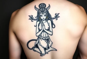 oni female in kneeled praying position, wearing revealing clothing tattoo idea