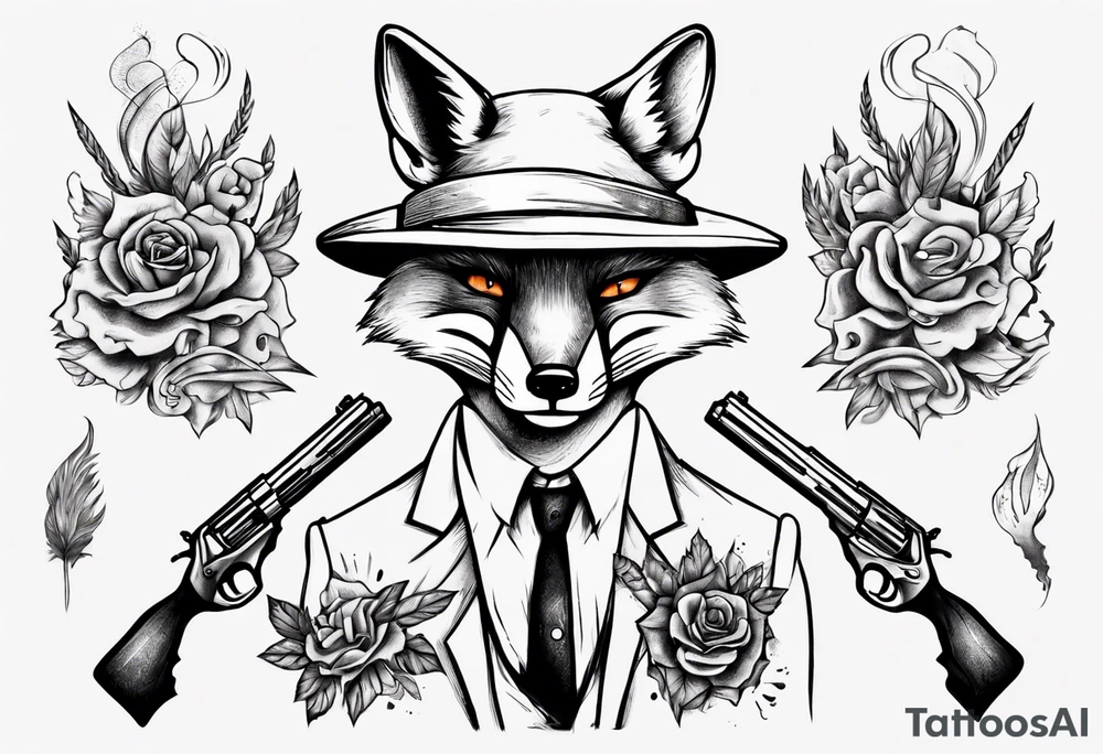 a fox holding a gun and smoking a coggarte tattoo idea