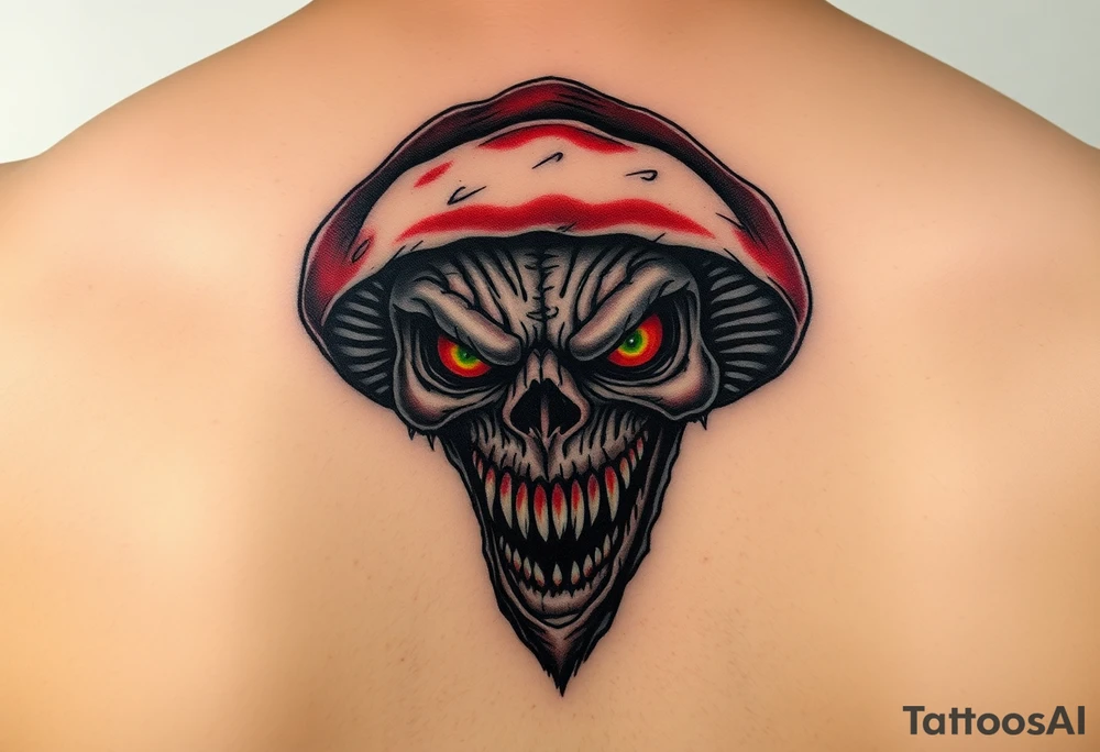 *"A realistic yet caricature-style human-faced mushroom, sinister demonic expression, glowing hollow eyes, jagged teeth, and wrinkled skin texture. Dark fantasy theme, black and blood-red ink with subtle green shadows (like bioluminescent decay).
Small tattoo design (5-7 cm), intricate shading (cross-hatching and stippling), inspired by Victorian grotesque illustrations and Tim Burton's style. Do not make it cute; focus on horror and uncanny vibes."* tattoo idea