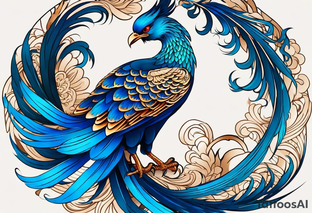 Create an intricate tattoo design of a Japanese phoenix in traditional Irezumi style. The phoenix should have a majestic and dynamic pose, with flowing feathers that exhibit traditional Japanese tattoo patterns. Its skin color should be a rich blue with varying shades, creating a sense of depth and movement. Include traditional Irezumi elements like clouds, waves, and subtle flames, blending them harmoniously with the phoenix. The tattoo should have a dramatic, detailed look with bold outlines and shading. Incorporate the Aquarius symbol discreetly within the design, possibly hidden among the feathers or subtly integrated into the background, to blend seamlessly with the overall artwork. tattoo idea