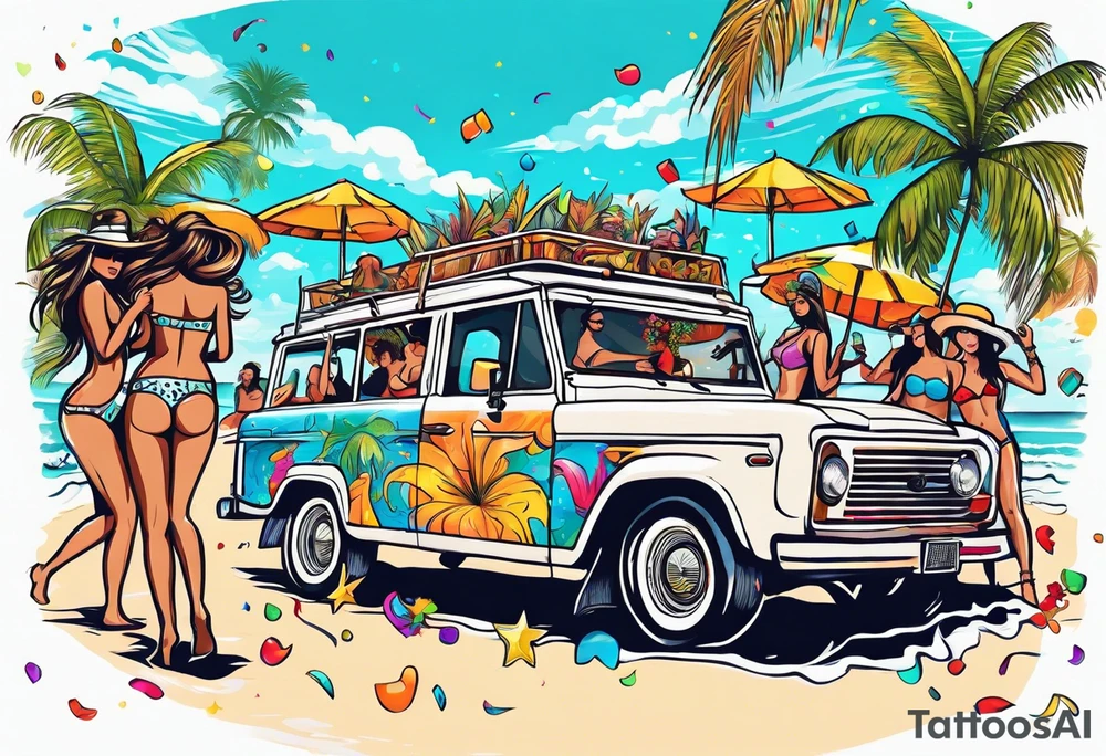 SURFING SAFARI BEACH DANCE 
PARTY WITH CONFETTI AND MUSIC NOTES, TROPICAL DRINKS, SEXY BIKINIS tattoo idea