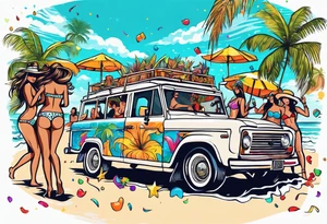 SURFING SAFARI BEACH DANCE 
PARTY WITH CONFETTI AND MUSIC NOTES, TROPICAL DRINKS, SEXY BIKINIS tattoo idea
