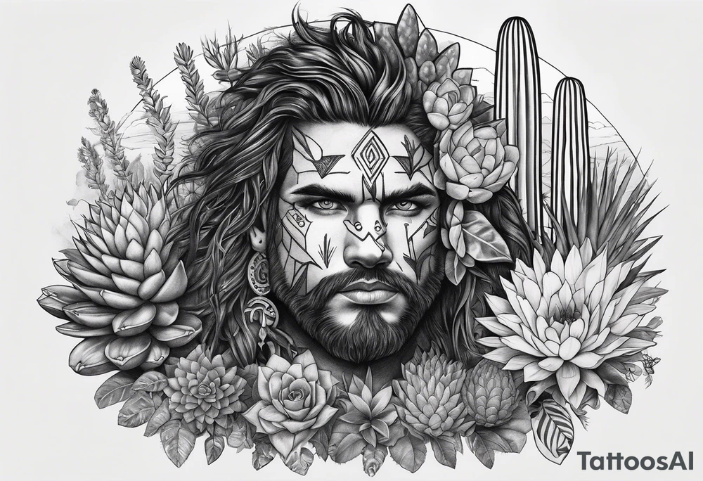 Lobo ,  cactos e árvore da vida por do sol tattoo idea