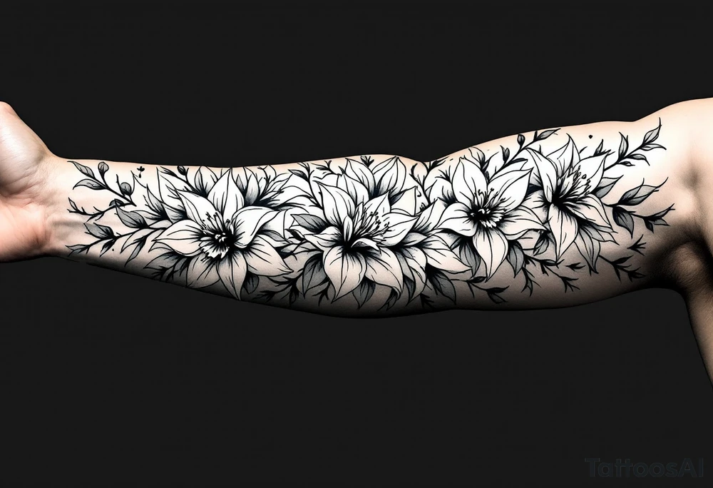 starting from a band mid-forearm, a sleeve of holly flowers and daffodils tattoo idea