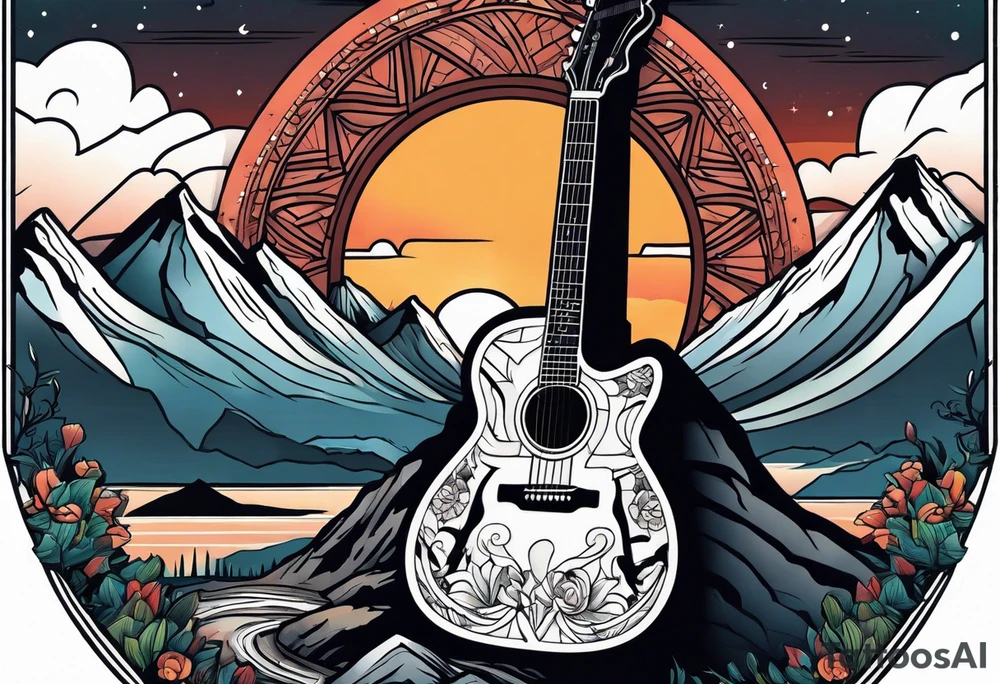 Cross with a guitar leaning on it on a mountain tattoo idea