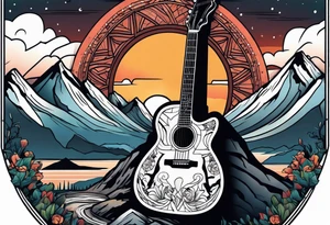 Cross with a guitar leaning on it on a mountain tattoo idea