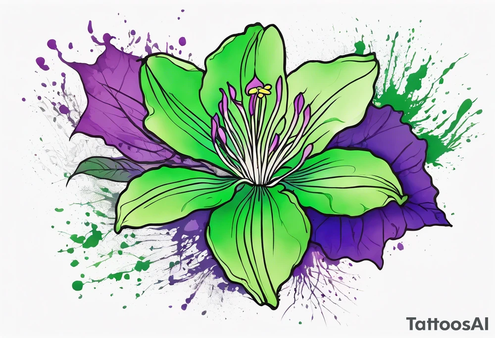 An outline of a green rio dipladenia flower and a green and purple watercolor splash in the background tattoo idea