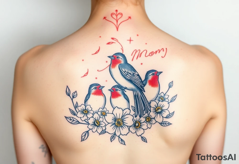 Mom bird and three baby birds with flowers tattoo idea