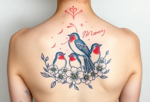 Mom bird and three baby birds with flowers tattoo idea