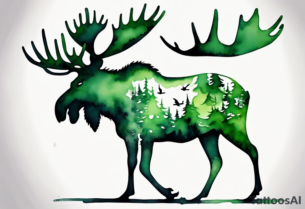 a giant green mossy moose covered with shadow birds tattoo idea