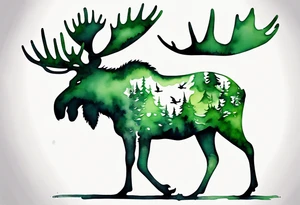 a giant green mossy moose covered with shadow birds tattoo idea