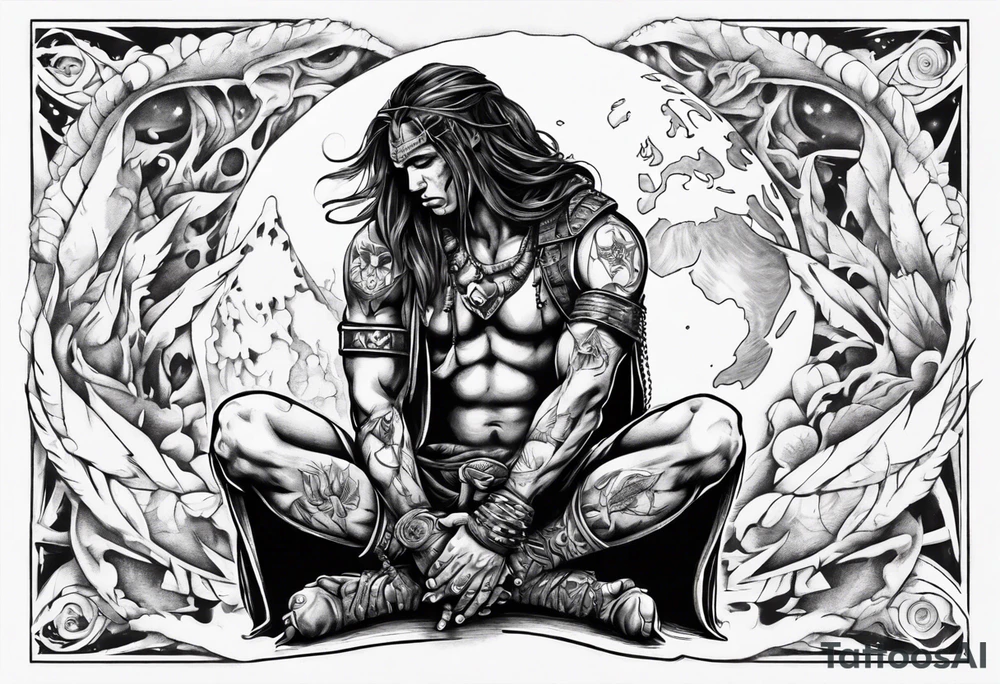 Peaceful and savage warrior kneeling with the whole world resting on his hand above shoulders tattoo idea