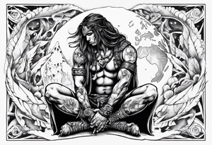 Peaceful and savage warrior kneeling with the whole world resting on his hand above shoulders tattoo idea