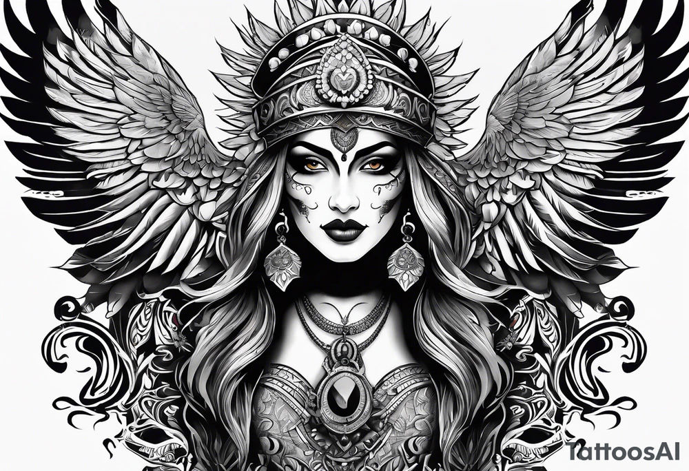 kali, goddess pirate, pachamama, warrior, skull, lotus, wing, eagle tattoo idea