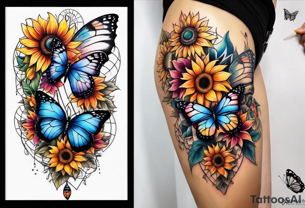 Quarter Leg sleeve with dreamcatcher, rainbow sunflowers and one butterfly tattoo idea