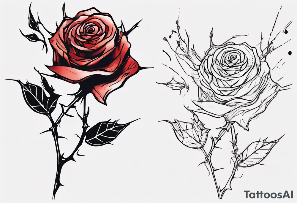 a one-line rose, add some splattered red blood and thorns, small, with stem tattoo idea
