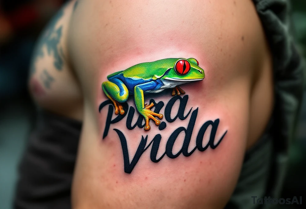 Bold black “Pura Vida” with a Costa Rican red-eyed tree frog in vibrant green and crimson perched on a letter. tattoo idea