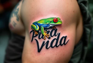 Bold black “Pura Vida” with a Costa Rican red-eyed tree frog in vibrant green and crimson perched on a letter. tattoo idea