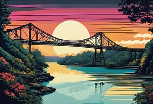 70's poster art, pop art, simple, view from under steel truss cantilever bridge tattoo idea