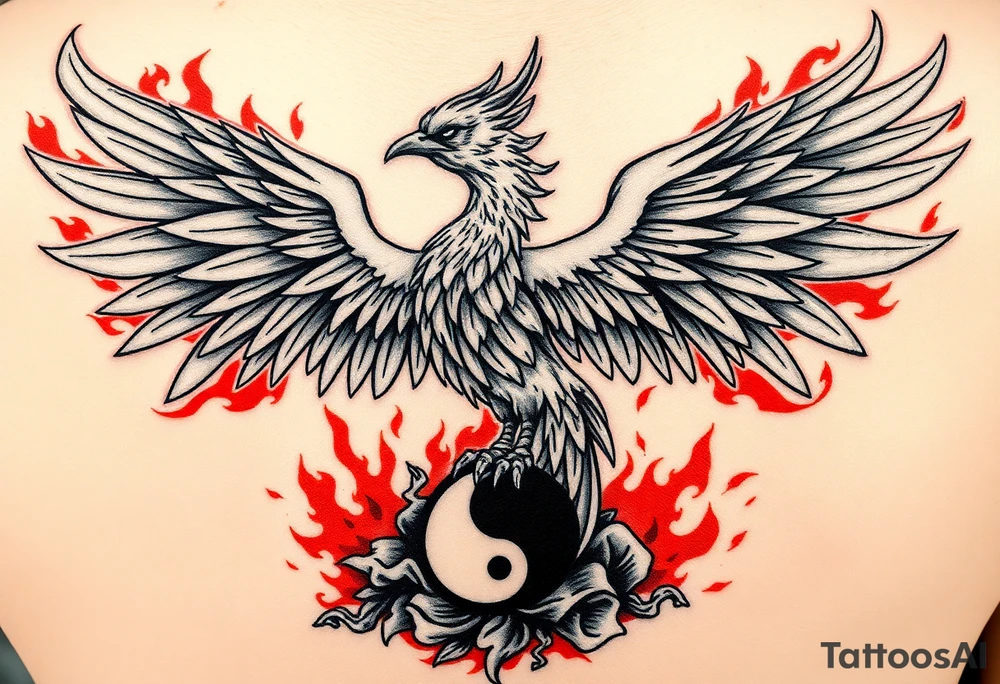 a phoenix in fire, rising from the ashes of his previous selfs, scattered and broken - burning, symbolized with his world - the world - a yin and yang symbol as symbol for harmony (or another symbol?) and my world is also my 2 girls , so perhams 2 J's in the earth/yn-yang-symbol or on another way ... i love the colourful realistic oldskool metal vibe tattoos... (although the thrash-style is also appreciated) tattoo idea