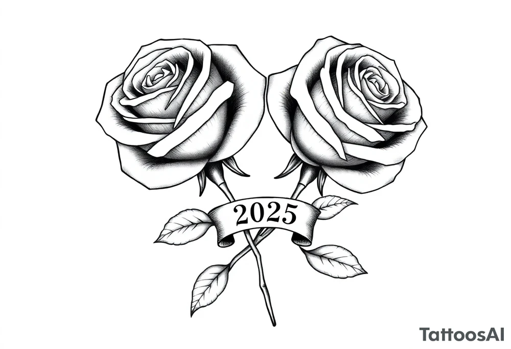 two big beautiful roses with their stems intertwined, with a small banner with the year "2025" on it with "薔薇" written under the year, tying them together. tattoo idea