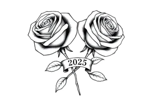 two big beautiful roses with their stems intertwined, with a small banner with the year "2025" on it with "薔薇" written under the year, tying them together. tattoo idea