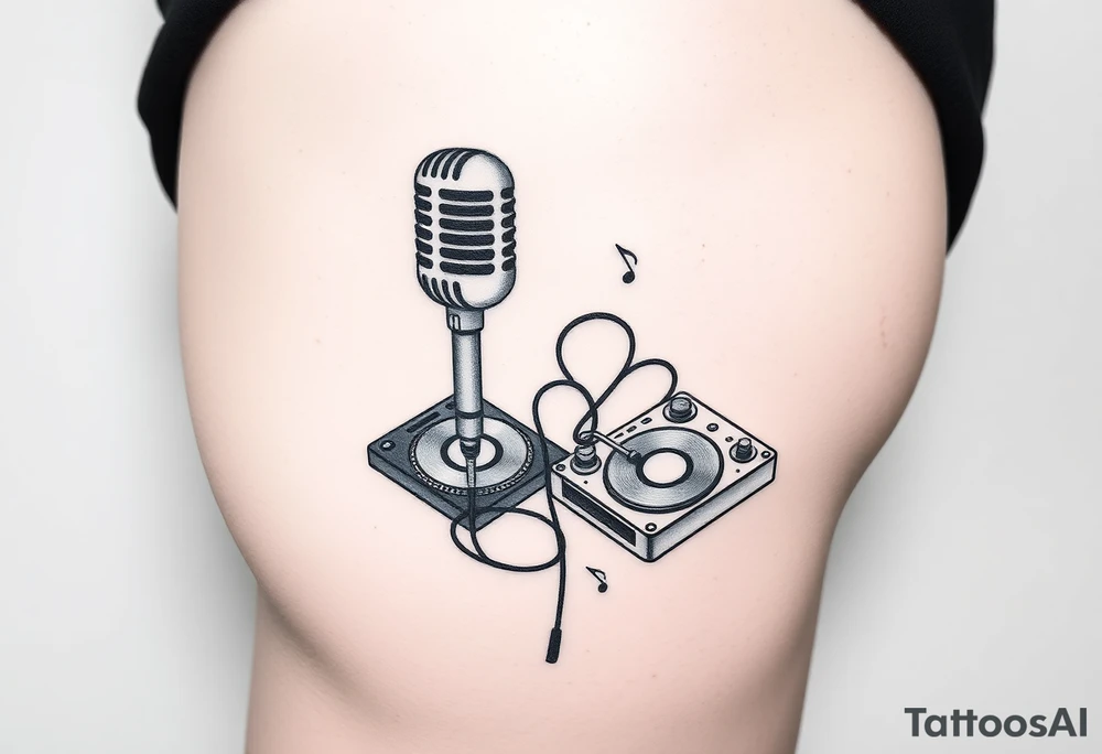 Microphone turntables and music notes on a woman's thigh tattoo idea