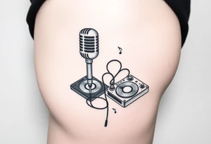 Microphone turntables and music notes on a woman's thigh tattoo idea