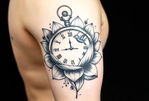 A broken clock floating inside a blooming lotus flower, with a small bird flying out from the clock face tattoo idea