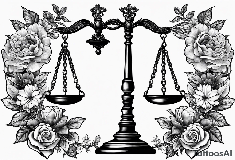 Scales of justice with flowers and a brain and anatomical heart in the scales tattoo idea