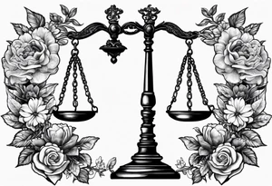 Scales of justice with flowers and a brain and anatomical heart in the scales tattoo idea