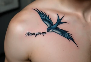 Never give up" written in black ink along the path of a soaring swallow, done in cool slate blue. tattoo idea