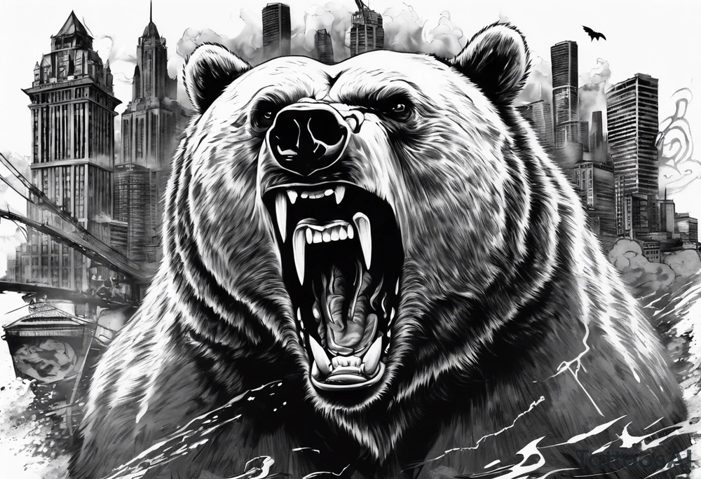Angry bear coming up behind a city tattoo idea
