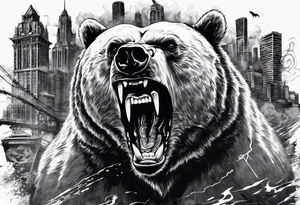 Angry bear coming up behind a city tattoo idea