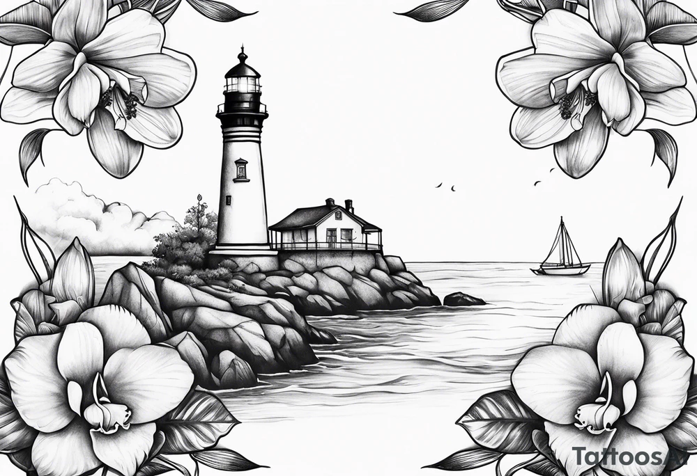 Lighthouse with an anchor and orchids tattoo idea
