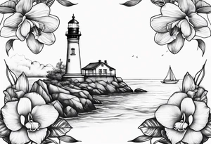 Lighthouse with an anchor and orchids tattoo idea