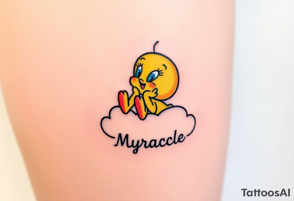 Tweety Bird laying on a cloud with his head in his hands looking up. Under the cloud in small capital letters is the name Myracle Blessing tattoo idea