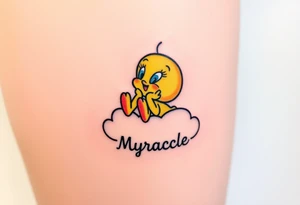 Tweety Bird laying on a cloud with his head in his hands looking up. Under the cloud in small capital letters is the name Myracle Blessing tattoo idea