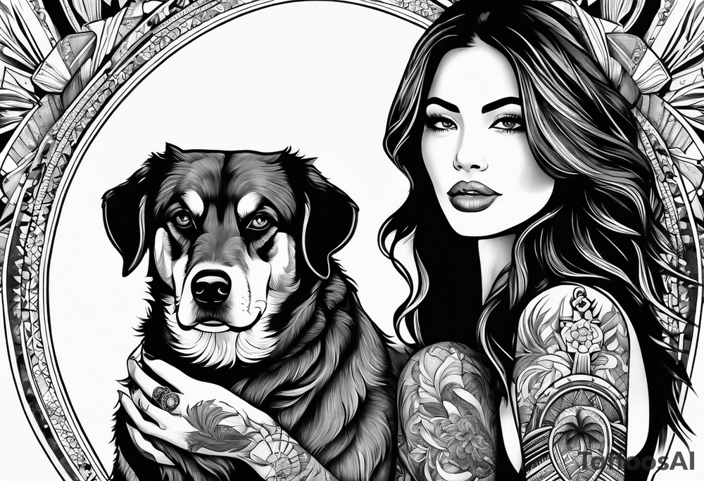 Beach Mountain Racket dog and woman tattoo idea