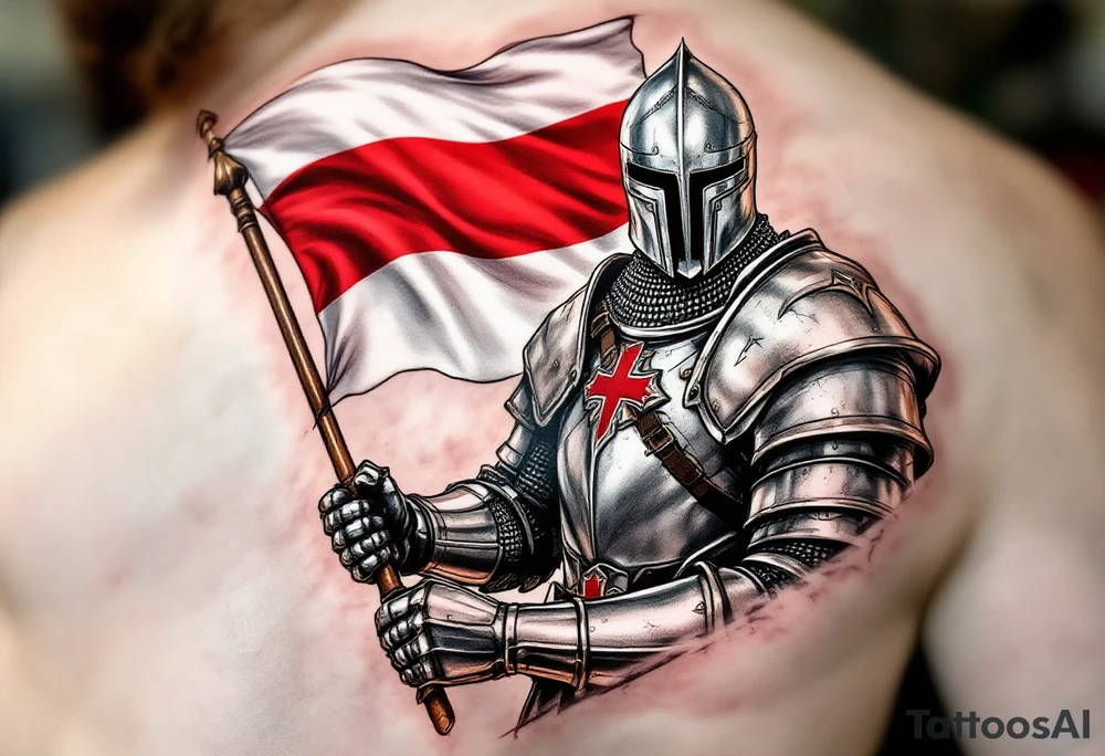 A knight in medieval armor holding a Czech flag, inspired by Hussite warriors, with battle-worn silver and red tones. tattoo idea