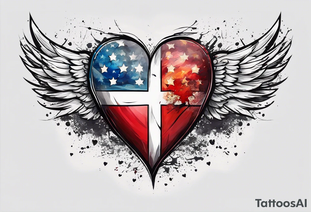 Flag inside of a heart with wings tattoo idea