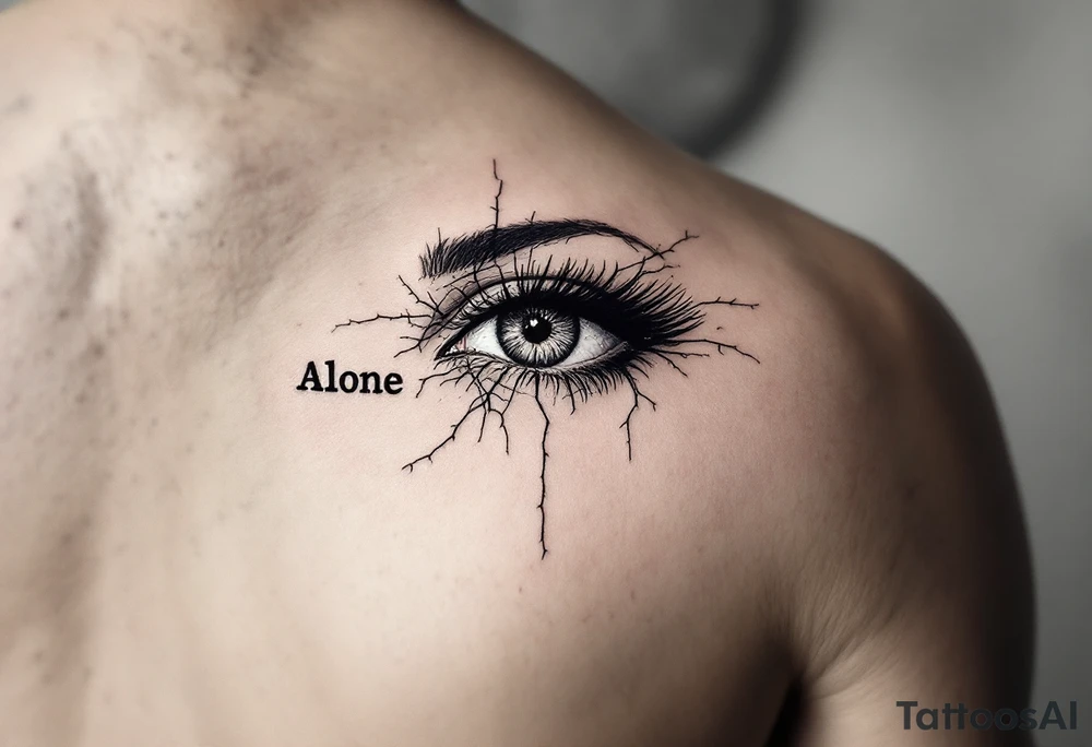 , designed in bold black with a cracked effect, paired with the word "Alone" in distressed serif font under the left. on man face under a man’s right eye. tattoo idea